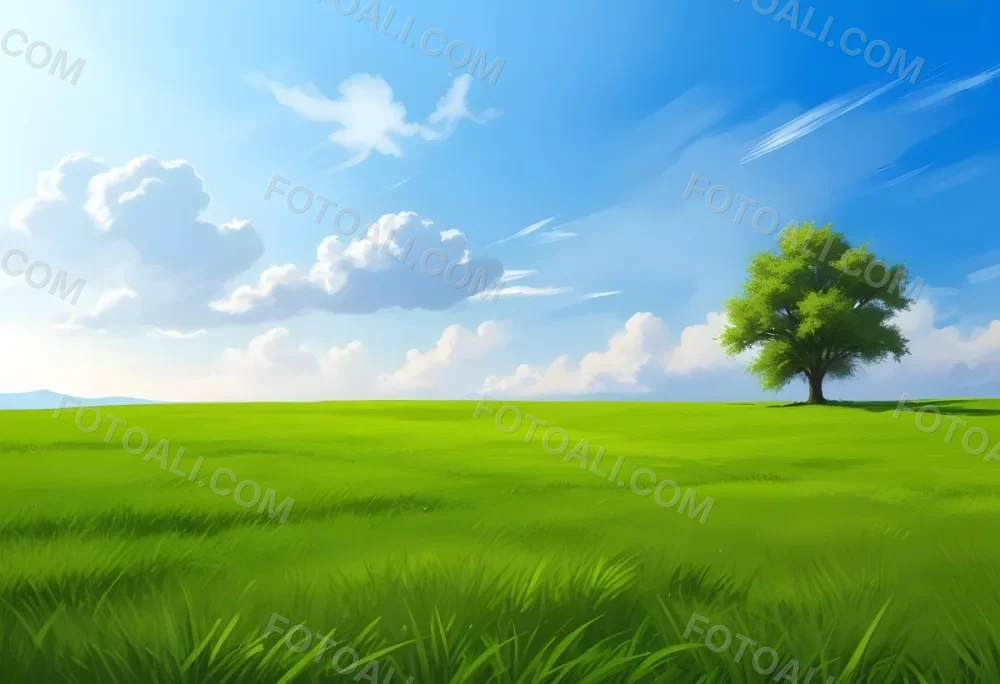 A Green Grass Field With A Tree On The Right Side Blue Sky With Some Clouds In A Sunny Day 23 7af9
