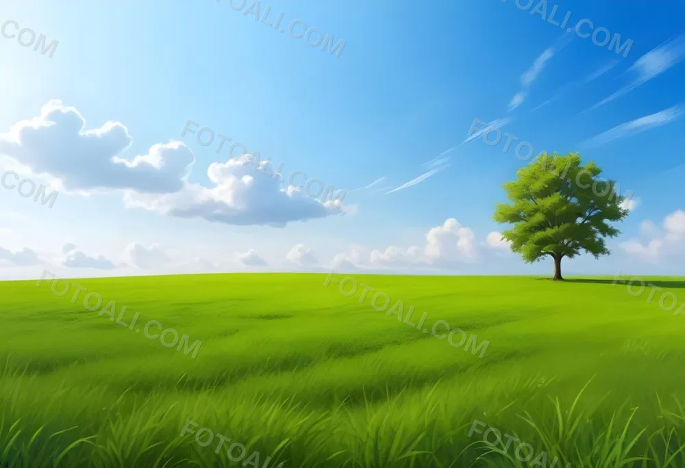 A Green Grass Field With A Tree On The Right Side Blue Sky With Some Clouds In A Sunny Day 25 A501