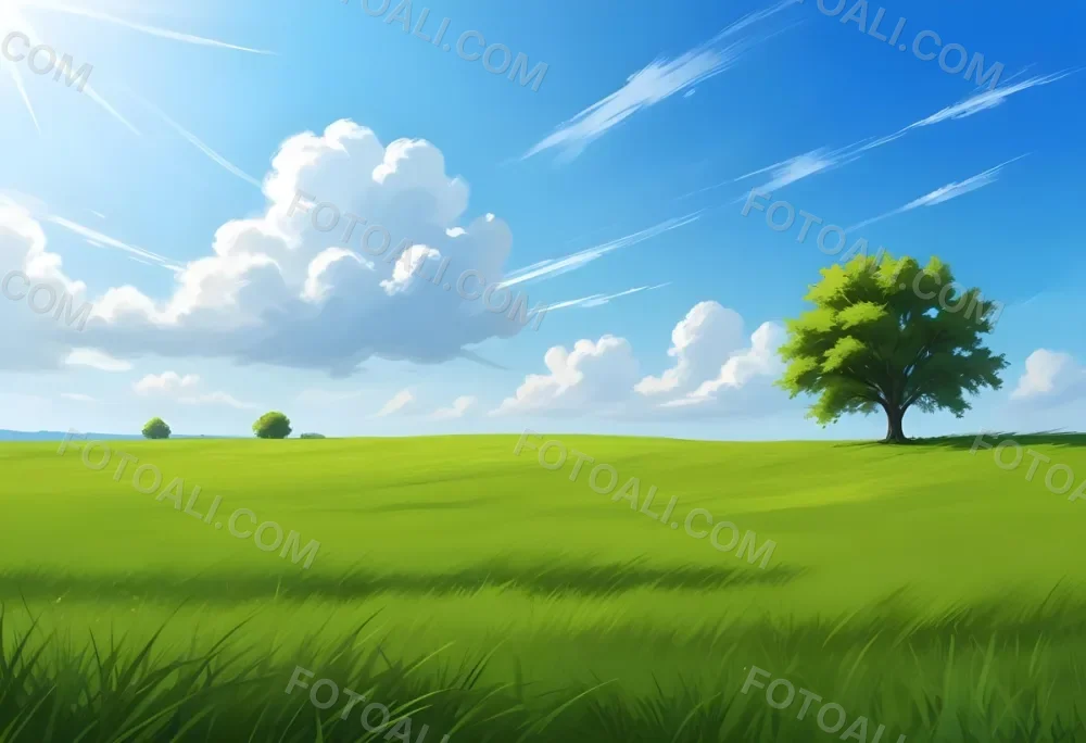 A Green Grass Field With A Tree On The Right Side Blue Sky With Some Clouds In A Sunny Day 34 Bc61