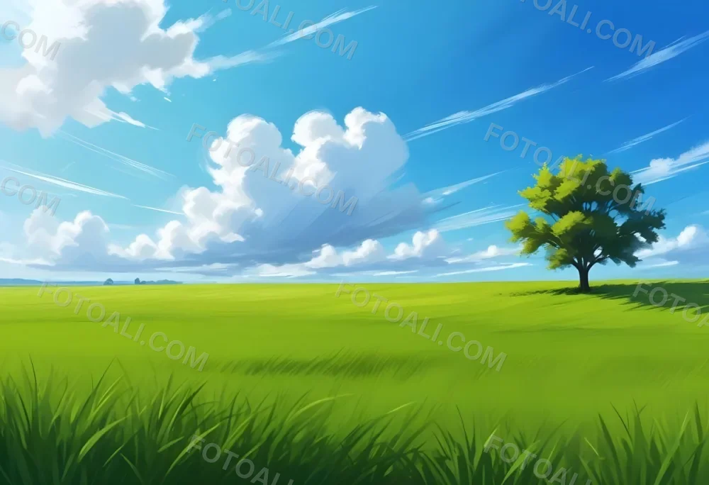 A Green Grass Field With A Tree On The Right Side Blue Sky With Some Clouds In A Sunny Day 38 E39e