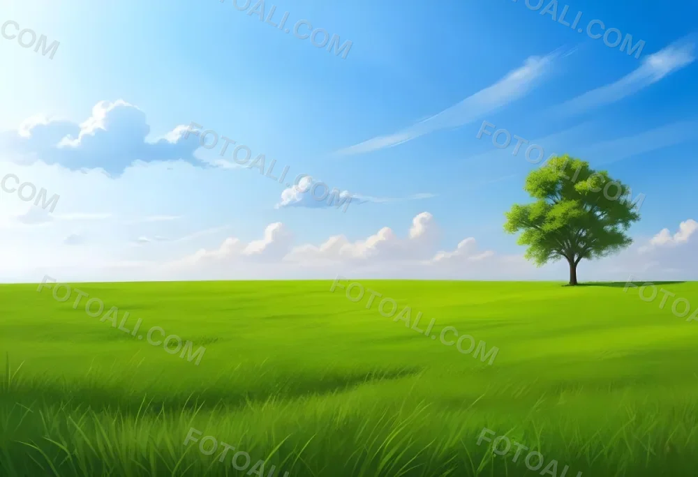 A Green Grass Field With A Tree On The Right Side Blue Sky With Some Clouds In A Sunny Day 41 77b1