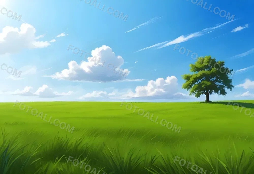 A Green Grass Field With A Tree On The Right Side Blue Sky With Some Clouds In A Sunny Day 50 D2e4