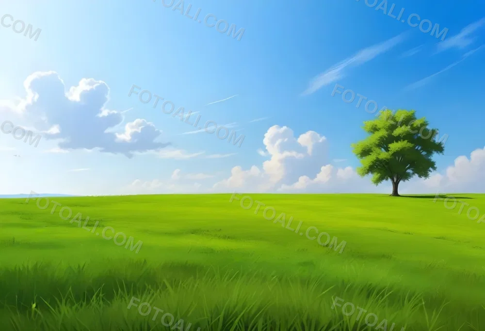 A Green Grass Field With A Tree On The Right Side Blue Sky With Some Clouds In A Sunny Day 53 51a8