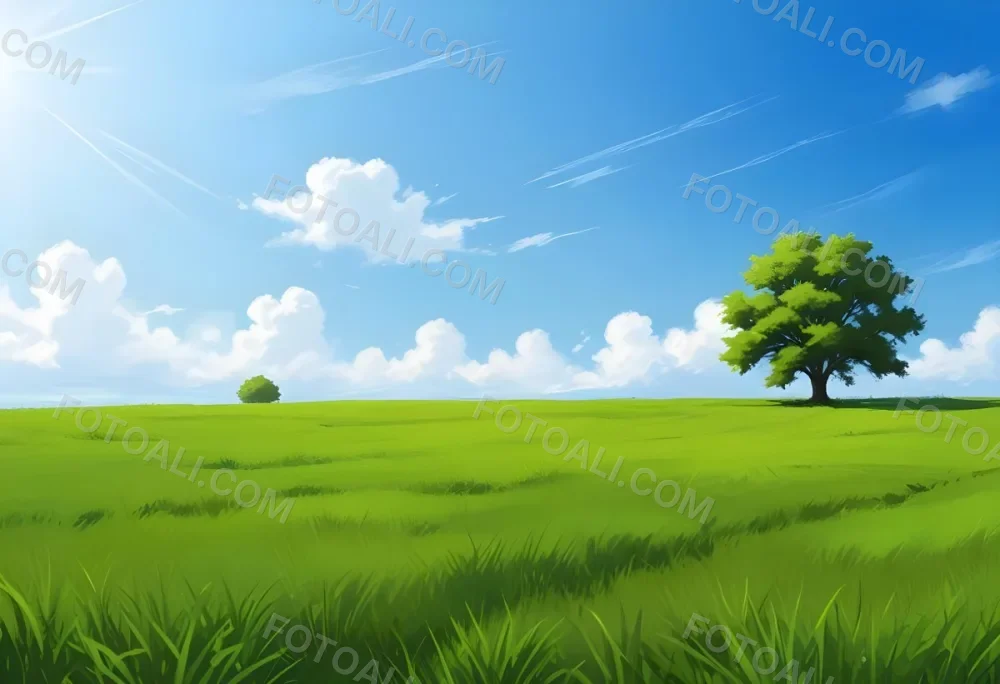 A Green Grass Field With A Tree On The Right Side Blue Sky With Some Clouds In A Sunny Day 55 8bf7