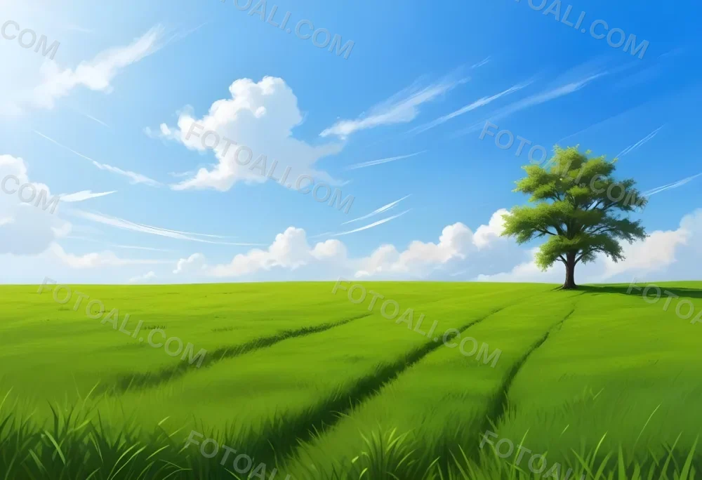 A Green Grass Field With A Tree On The Right Side Blue Sky With Some Clouds In A Sunny Day 56 B9f9
