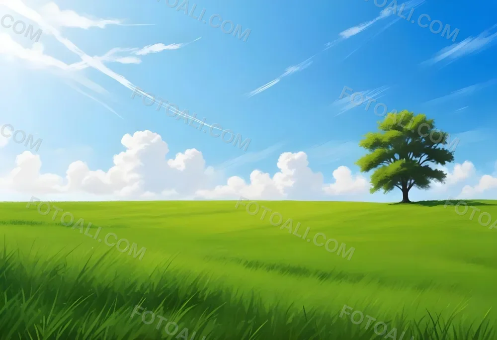 A Green Grass Field With A Tree On The Right Side Blue Sky With Some Clouds In A Sunny Day 57 6ce4