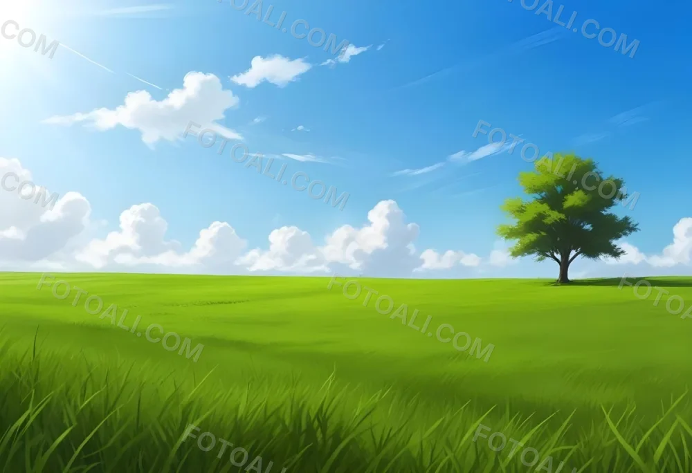A Green Grass Field With A Tree On The Right Side Blue Sky With Some Clouds In A Sunny Day 58 20dc