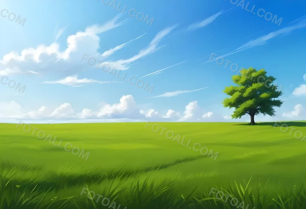 A Green Grass Field With A Tree On The Right Side Blue Sky With Some Clouds In A Sunny Day 6 Ad2c