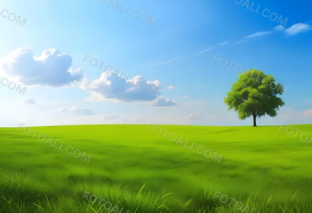 A Green Grass Field With A Tree On The Right Side Blue Sky With Some Clouds In A Sunny Day 8 83df