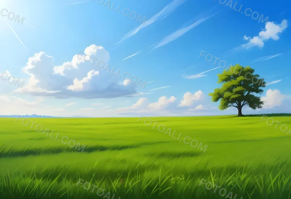 A Green Grass Field With A Tree On The Right Side Blue Sky With Some Clouds In A Sunny Day 9 3d07