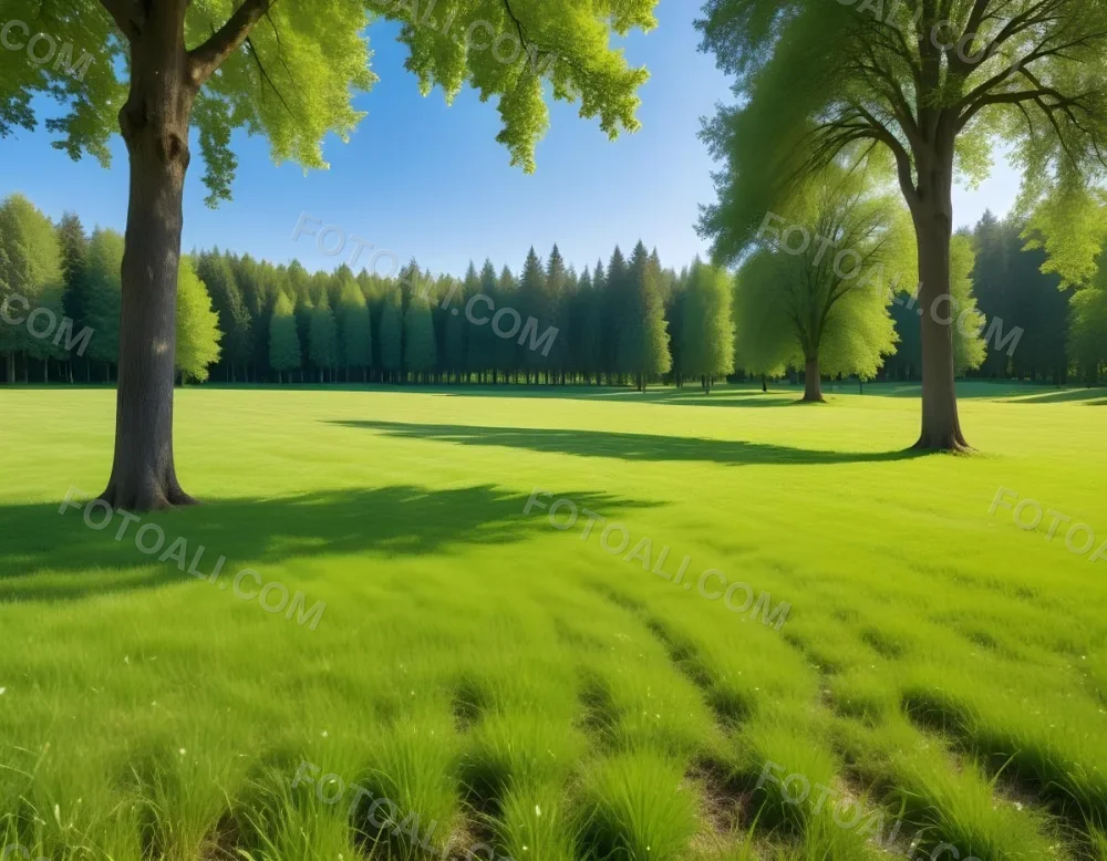 A Green Grass Field With Trees In The Background Sunny Day Blue Sky Vibrant Colors Natural Light Peaceful Atmosphere Lush Greenery Clear Horizon 1 4430