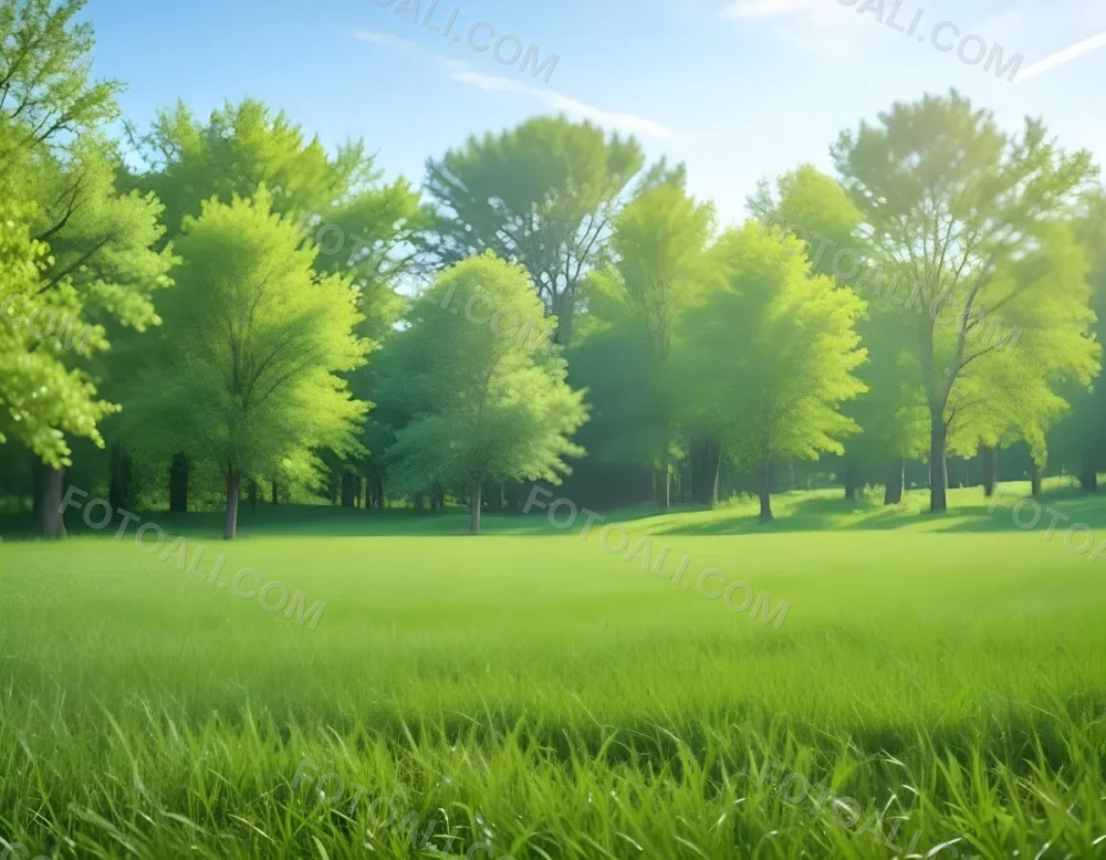 A Green Grass Field With Trees In The Background Sunny Day Blue Sky Vibrant Colors Natural Light Peaceful Atmosphere Lush Greenery Clear Horizon 27 053a