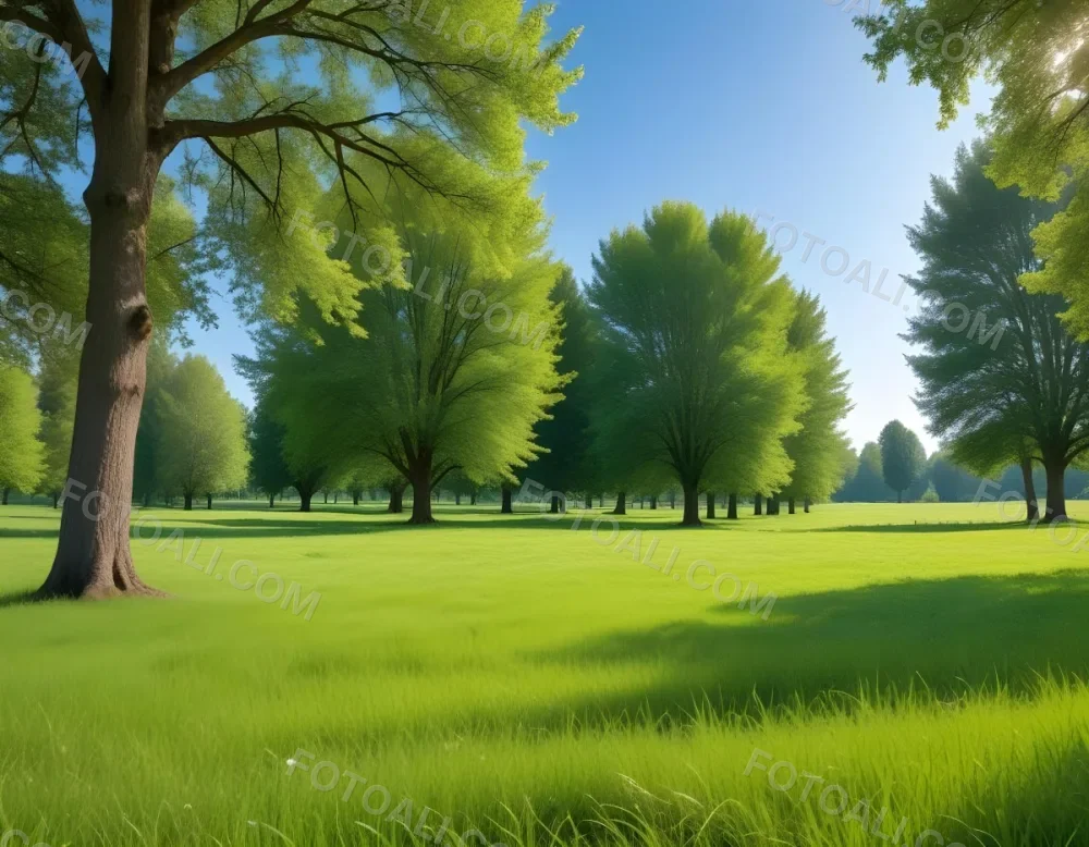 A Green Grass Field With Trees In The Background Sunny Day Blue Sky Vibrant Colors Natural Light Peaceful Atmosphere Lush Greenery Clear Horizon 34 2578