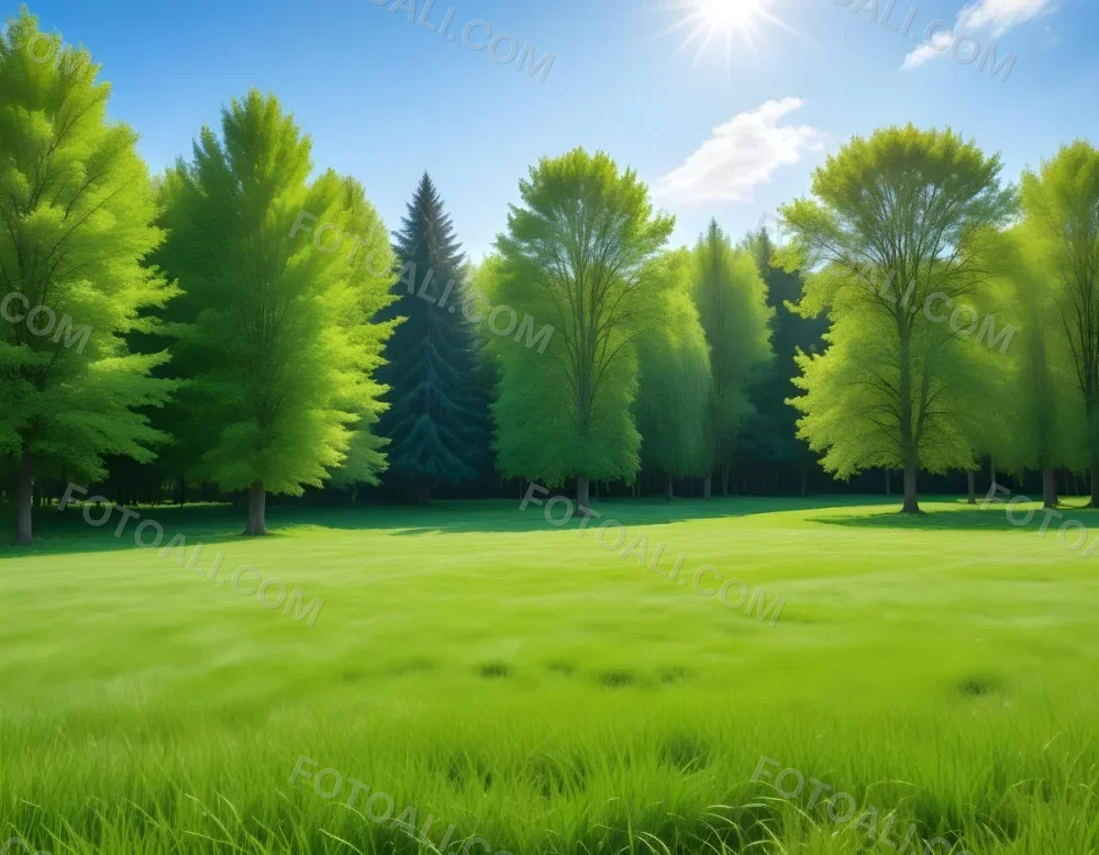 A Green Grass Field With Trees In The Background Sunny Day Blue Sky Vibrant Colors Natural Light Peaceful Atmosphere Lush Greenery Clear Horizon 36 B05e