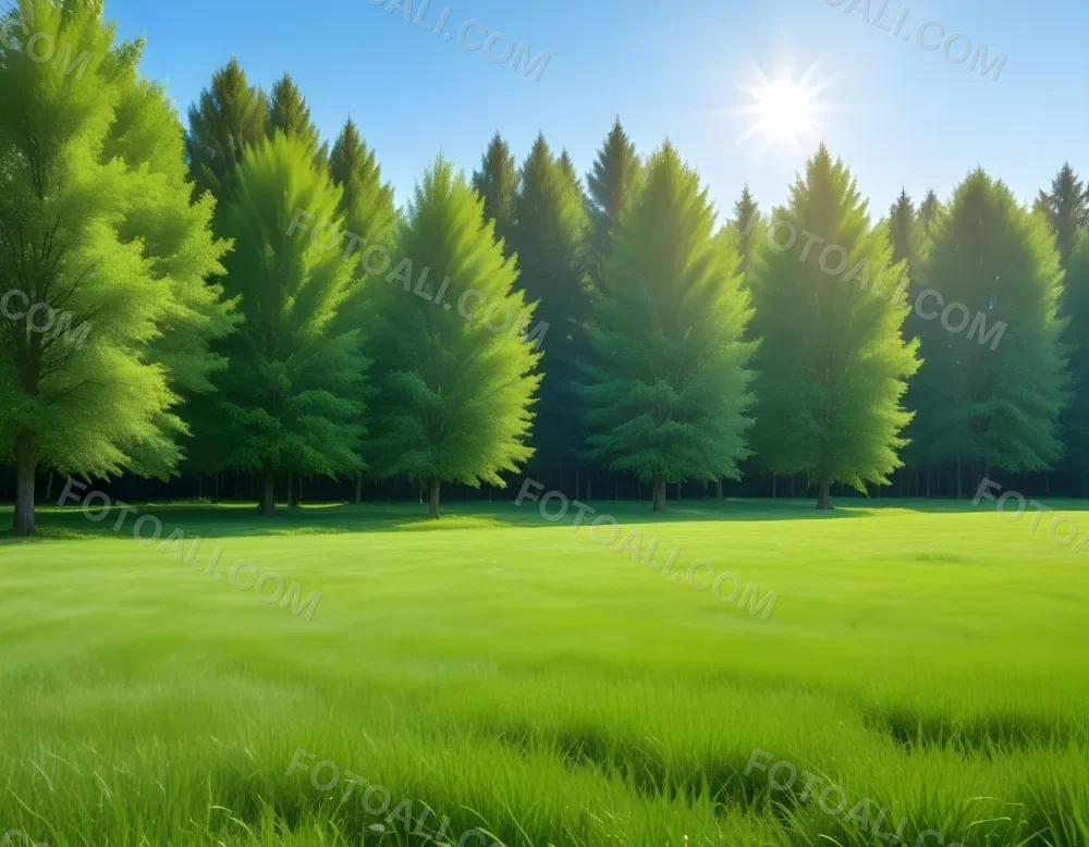 A Green Grass Field With Trees In The Background Sunny Day Blue Sky Vibrant Colors Natural Light Peaceful Atmosphere Lush Greenery Clear Horizon 8 876f