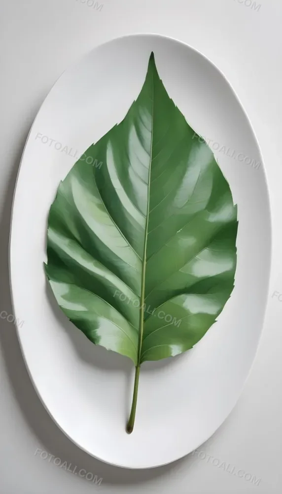 A Green Leaf On A White Plate Minimalist Composition Clean And Bright Aesthetic Soft Lighting White Background Nature Inspired Simple And Elegant Fresh And Organic 22 Bcf5
