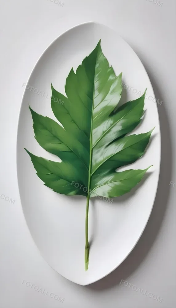 A Green Leaf On A White Plate Minimalist Composition Clean And Bright Aesthetic Soft Lighting White Background Nature Inspired Simple And Elegant Fresh And Organic 26 F424