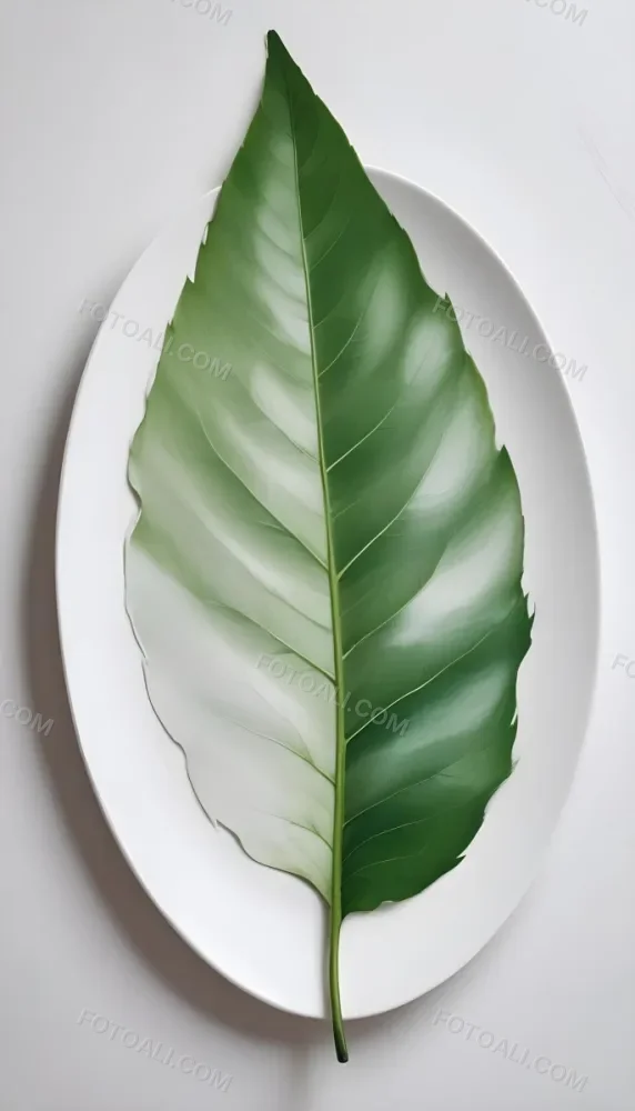 A Green Leaf On A White Plate Minimalist Composition Clean And Bright Aesthetic Soft Lighting White Background Nature Inspired Simple And Elegant Fresh And Organic 28 F7ab