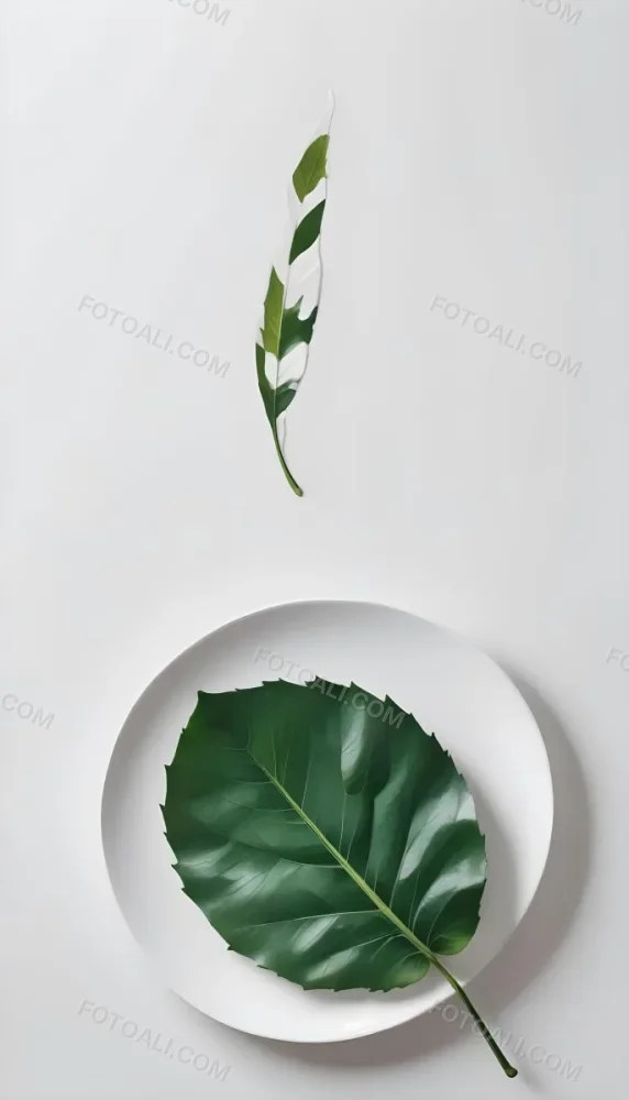 A Green Leaf On A White Plate Minimalist Composition Clean And Bright Aesthetic Soft Lighting White Background Nature Inspired Simple And Elegant Fresh And Organic 5 83c8