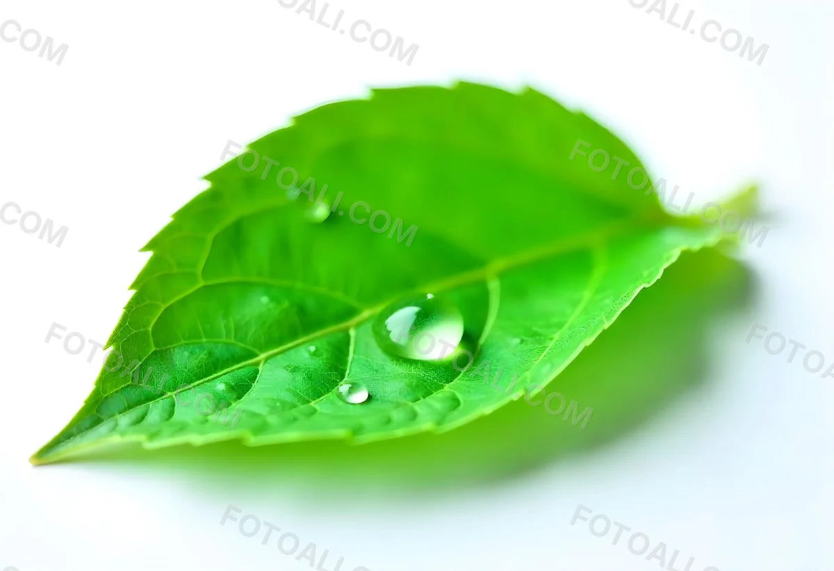 A Green Leaf With Water Drops On A White Background Detailed Veins Smooth Texture Vibrant Color Studio Lighting Macro Photography 13 3a83