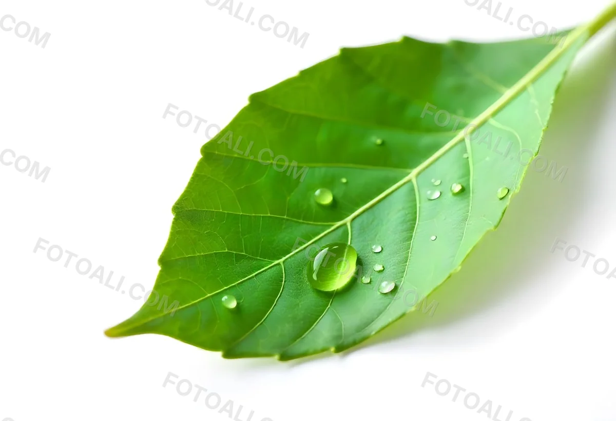 A Green Leaf With Water Drops On A White Background Detailed Veins Smooth Texture Vibrant Color Studio Lighting Macro Photography 33 42b3