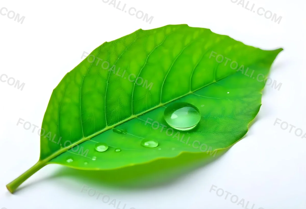 A Green Leaf With Water Drops On A White Background Detailed Veins Smooth Texture Vibrant Color Studio Lighting Macro Photography 40 A73c