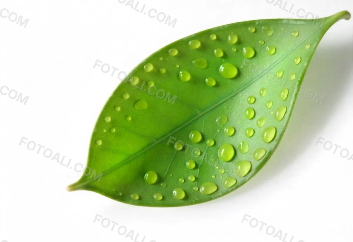 A Green Leaf With Water Drops On A White Background Detailed Veins Smooth Texture Vibrant Color Studio Lighting Macro Photography 41 F1fa
