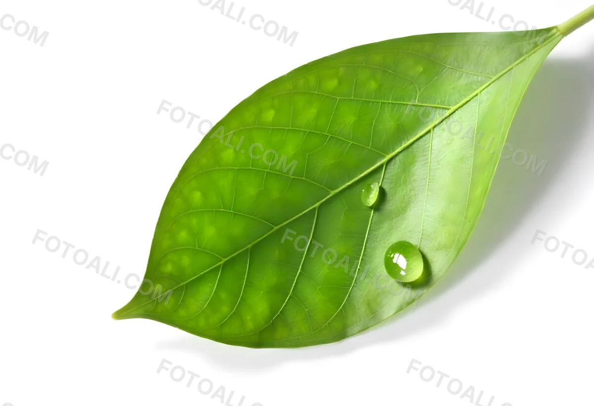 A Green Leaf With Water Drops On A White Background Detailed Veins Smooth Texture Vibrant Color Studio Lighting Macro Photography 6 1fe1