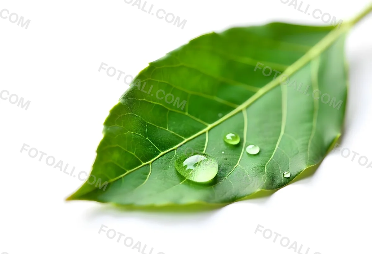A Green Leaf With Water Drops On A White Background Detailed Veins Smooth Texture Vibrant Color Studio Lighting Macro Photography 9 6621