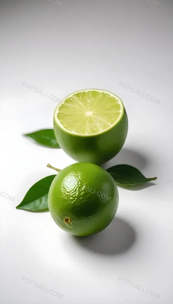 A Green Lime With A Leaf On A White Surface Bright Light Studio Shot Food Photography 5 4f4a