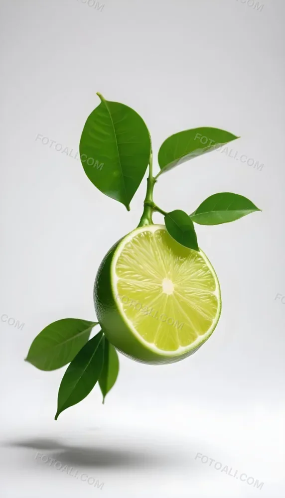 A Green Lime With A Leaf On A White Surface Bright Light Studio Shot Food Photography 6 C409