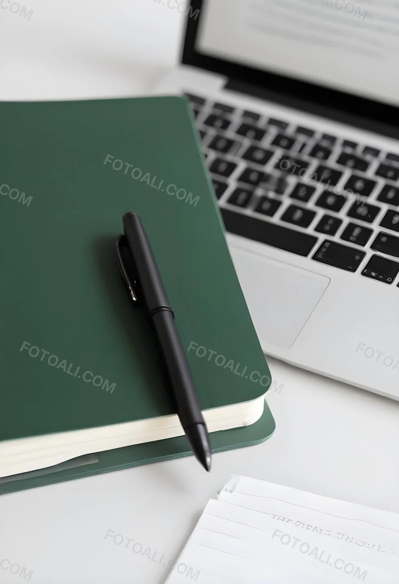 A Green Notebook With A Black Pen Next To A Laptop On A Desk In Daylight 1 A7fb
