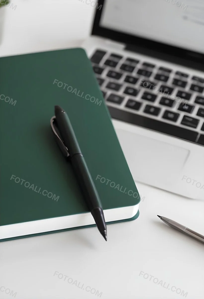 A Green Notebook With A Black Pen Next To A Laptop On A Desk In Daylight 2 8365