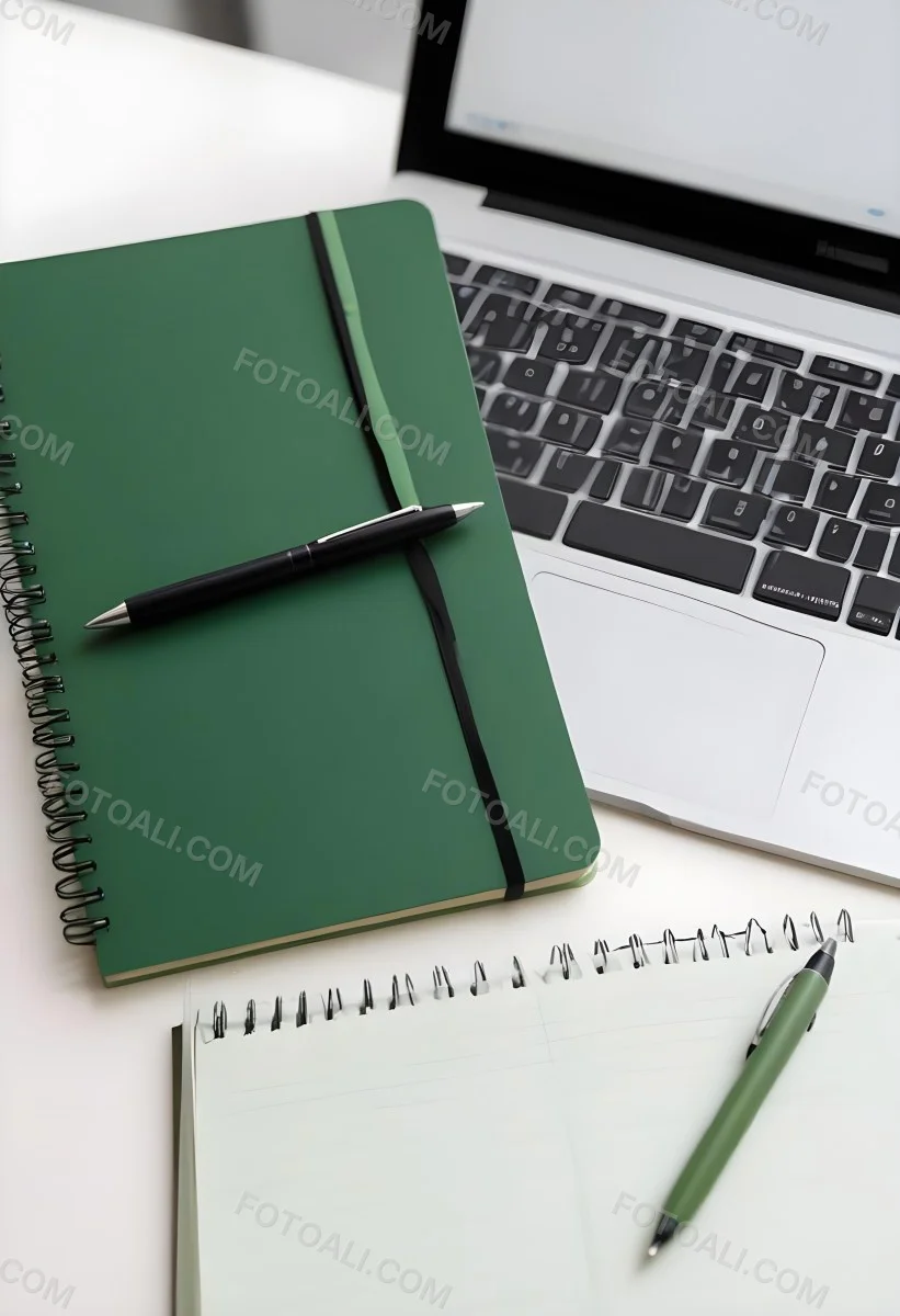 A Green Notebook With A Black Pen Next To A Laptop On A Desk In Daylight 3 52e7