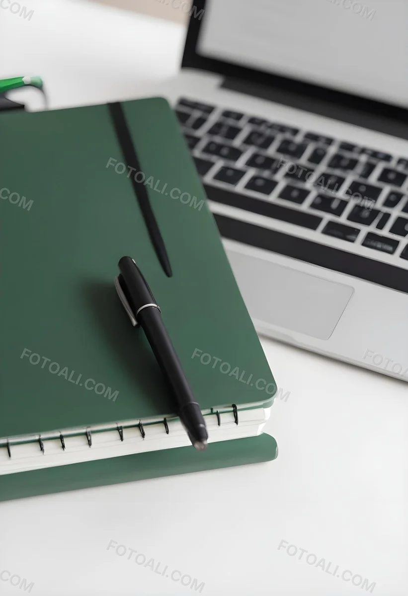 A Green Notebook With A Black Pen Next To A Laptop On A Desk In Daylight 4 97cd