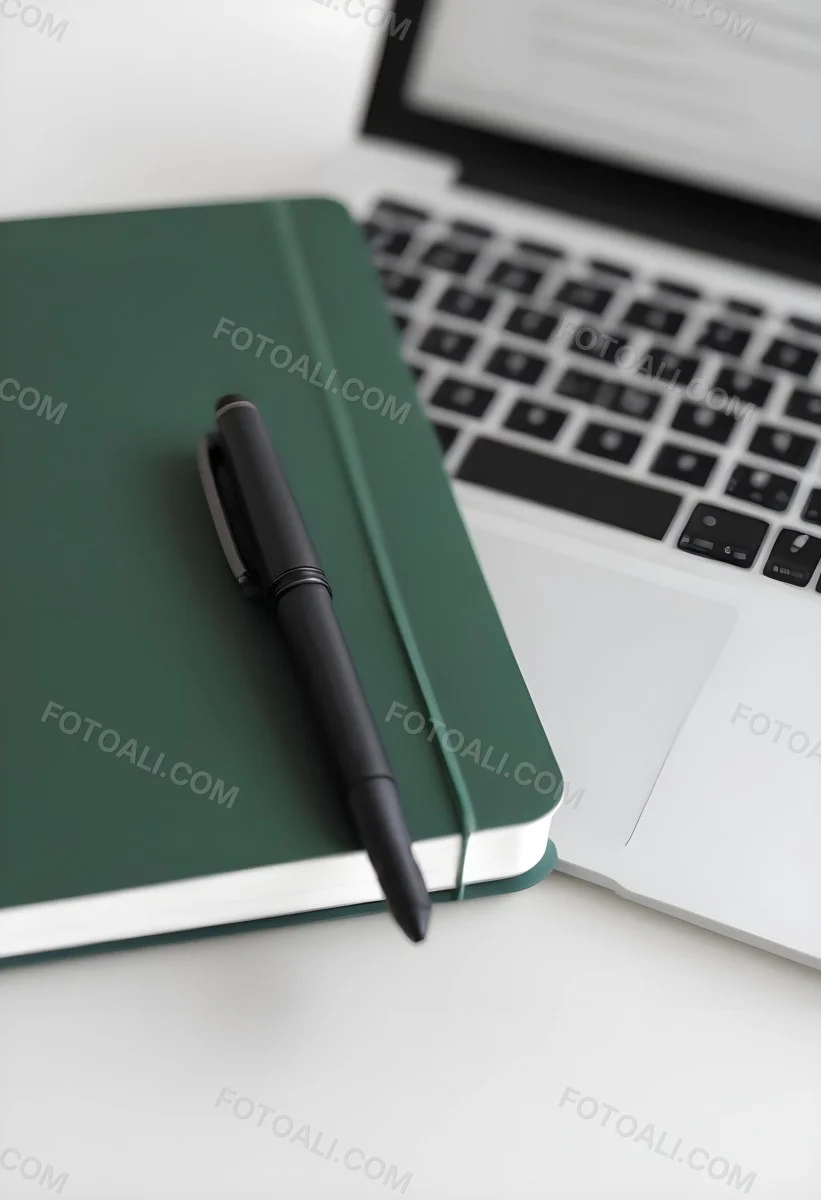 A Green Notebook With A Black Pen Next To A Laptop On A Desk In Daylight 6 D204