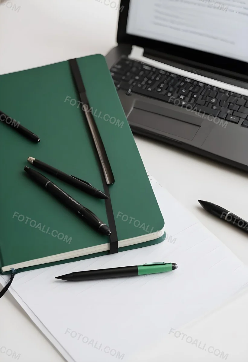 A Green Notebook With A Black Pen Next To A Laptop On A Desk In Daylight 7 5dd7