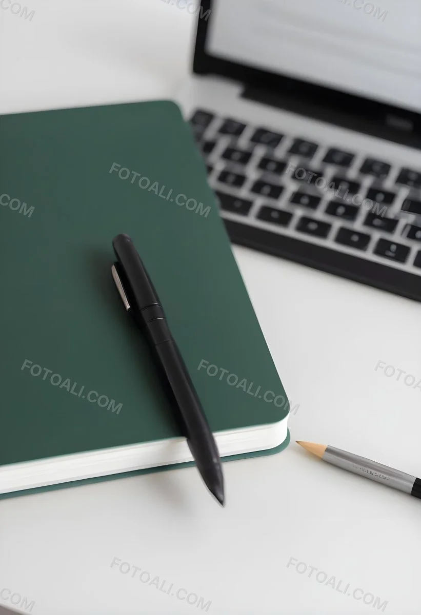A Green Notebook With A Black Pen Next To A Laptop On A Desk In Daylight 8 D0ac