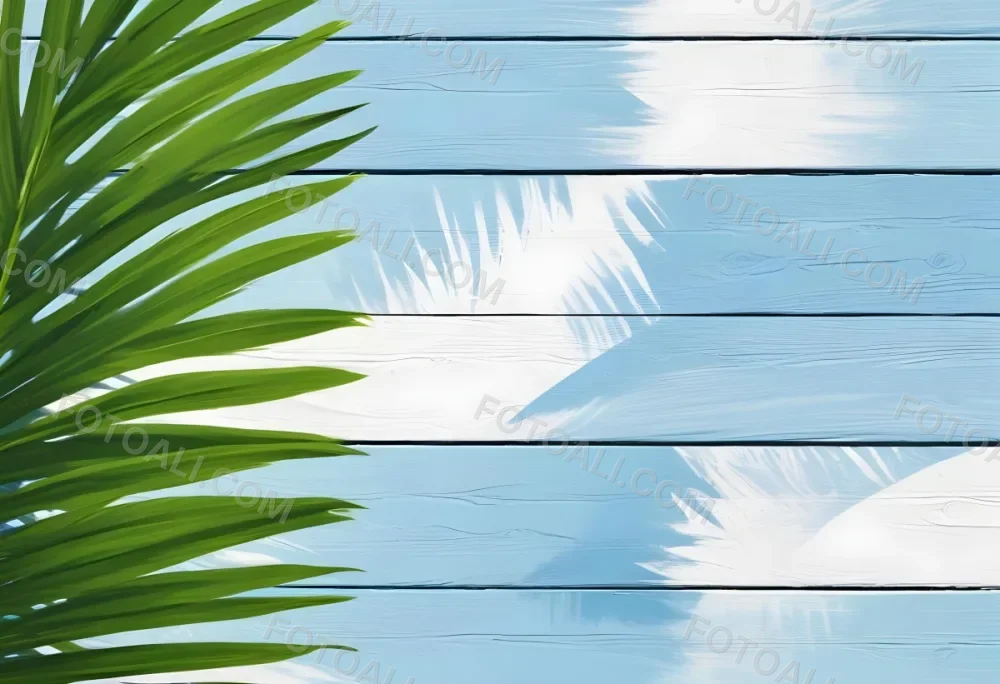 A Green Palm Leaf On A Blue And White Wooden Background The Leaf Is On The Left Side Of The Image 13 8ca8