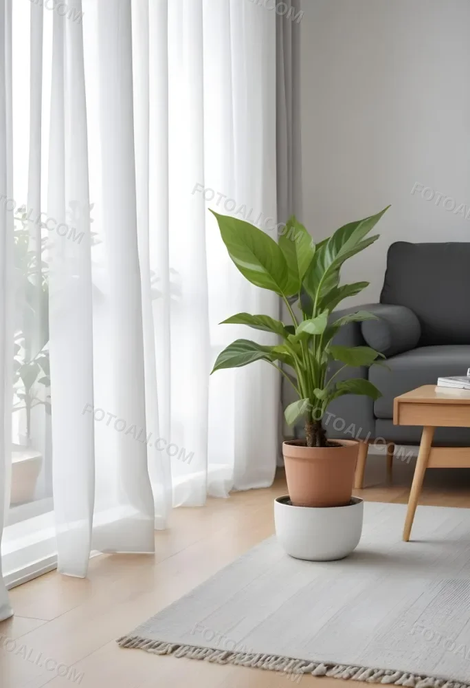 A Green Plant In A White Pot On A Wooden Table A White Curtain In The Foreground A Gray Sofa In The Background In A Living Room 14 351a