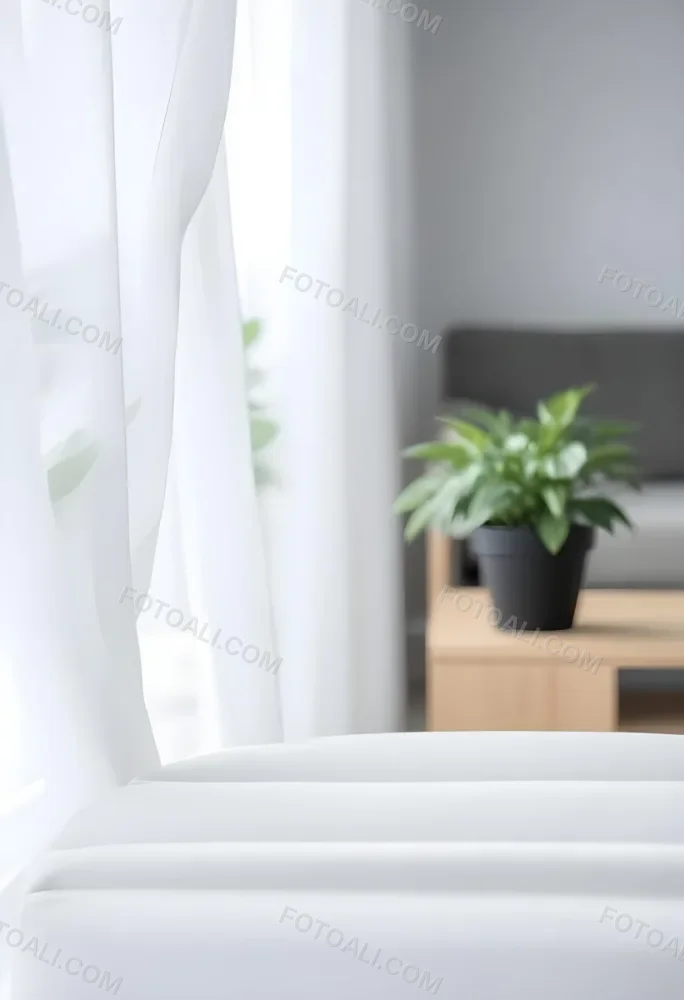 A Green Plant In A White Pot On A Wooden Table A White Curtain In The Foreground A Gray Sofa In The Background In A Living Room 18 6aad