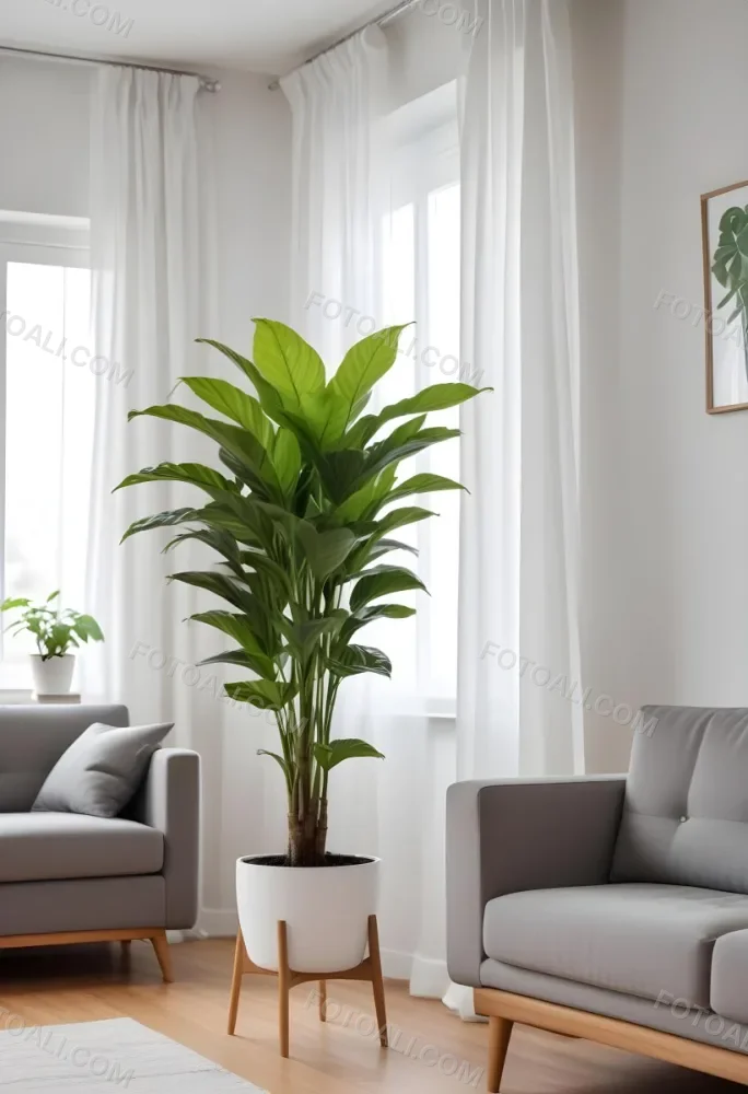 A Green Plant In A White Pot On A Wooden Table A White Curtain In The Foreground A Gray Sofa In The Background In A Living Room 21 E48a