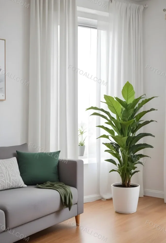 A Green Plant In A White Pot On A Wooden Table A White Curtain In The Foreground A Gray Sofa In The Background In A Living Room 23 5010