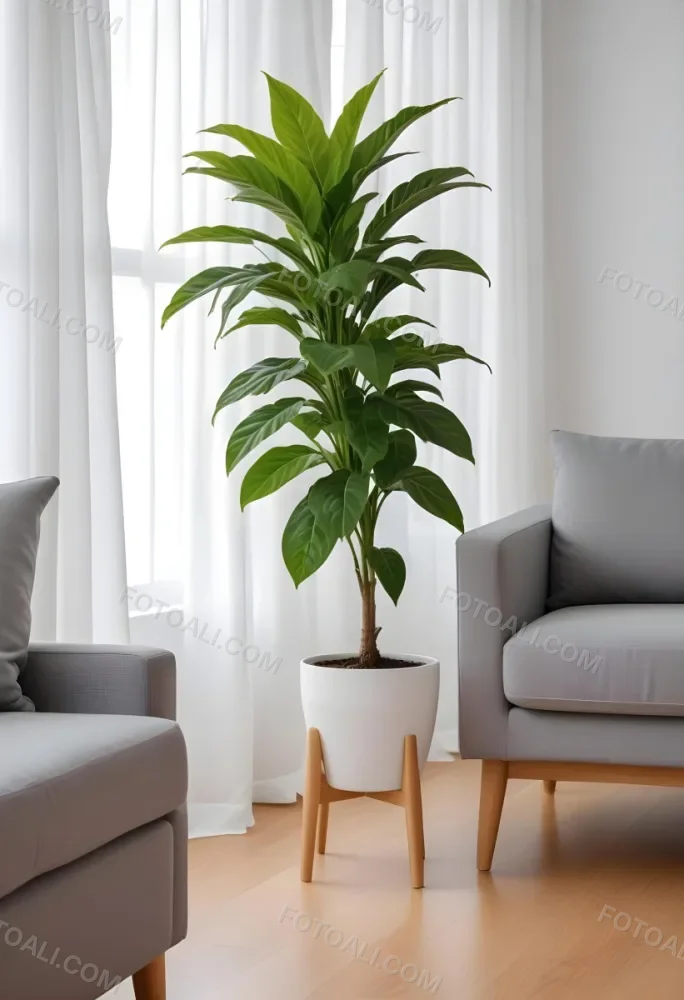 A Green Plant In A White Pot On A Wooden Table A White Curtain In The Foreground A Gray Sofa In The Background In A Living Room 27 21f4