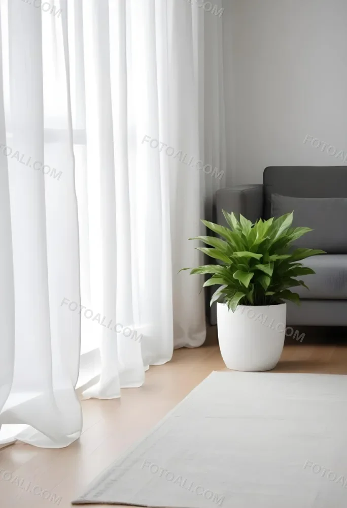 A Green Plant In A White Pot On A Wooden Table A White Curtain In The Foreground A Gray Sofa In The Background In A Living Room 37 D610