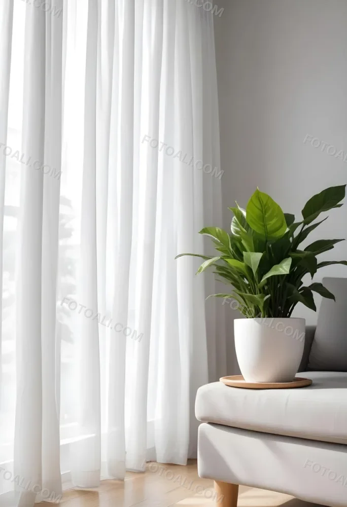 A Green Plant In A White Pot On A Wooden Table A White Curtain In The Foreground A Gray Sofa In The Background In A Living Room 48 D20b