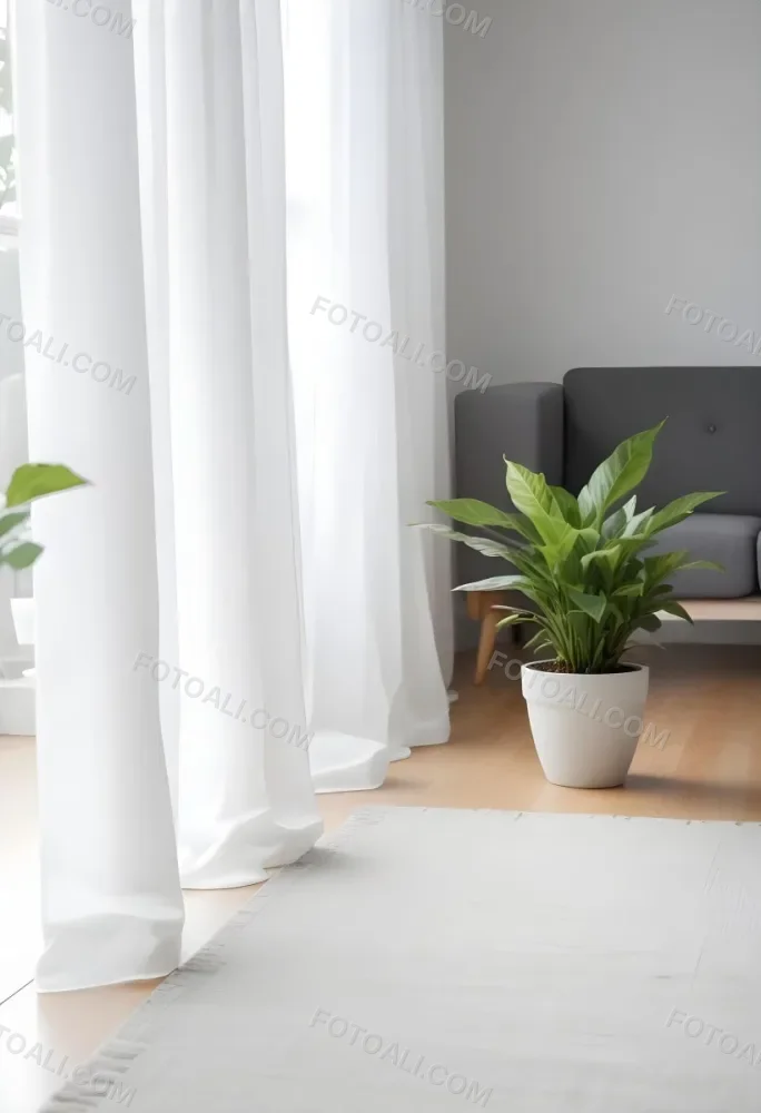 A Green Plant In A White Pot On A Wooden Table A White Curtain In The Foreground A Gray Sofa In The Background In A Living Room 49 A709