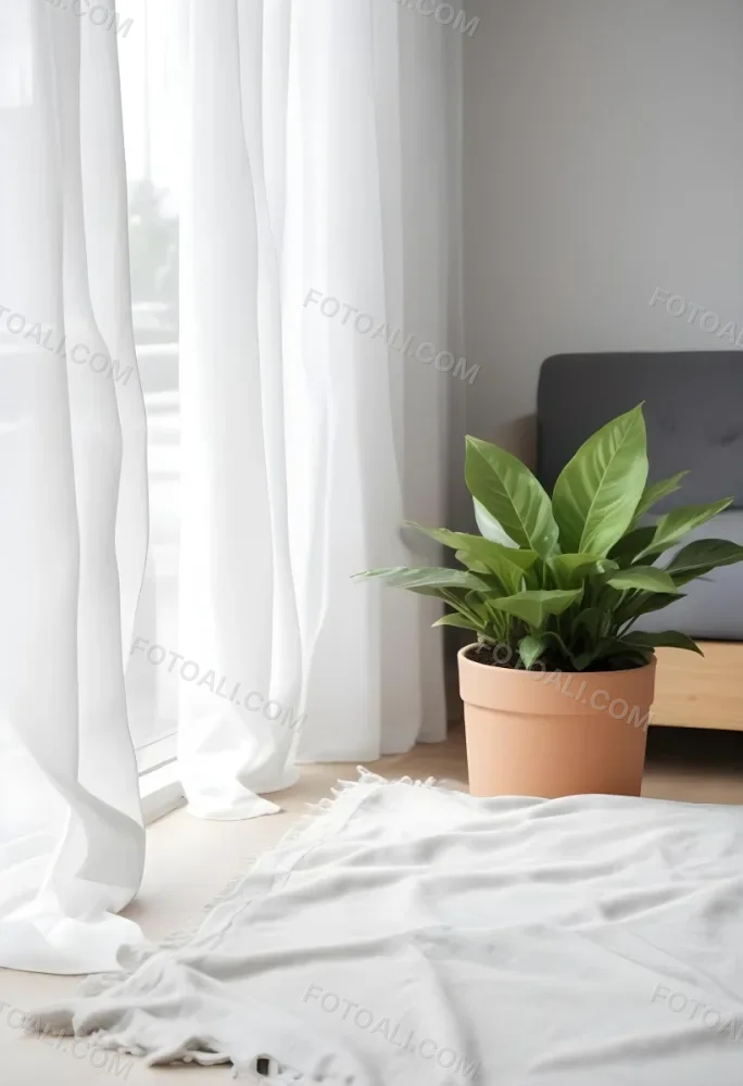 A Green Plant In A White Pot On A Wooden Table A White Curtain In The Foreground A Gray Sofa In The Background In A Living Room 5 9cd2