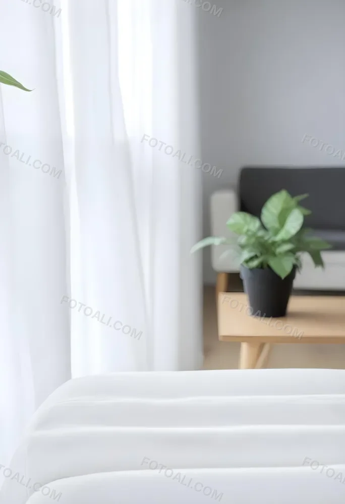 A Green Plant In A White Pot On A Wooden Table A White Curtain In The Foreground A Gray Sofa In The Background In A Living Room 55 E016
