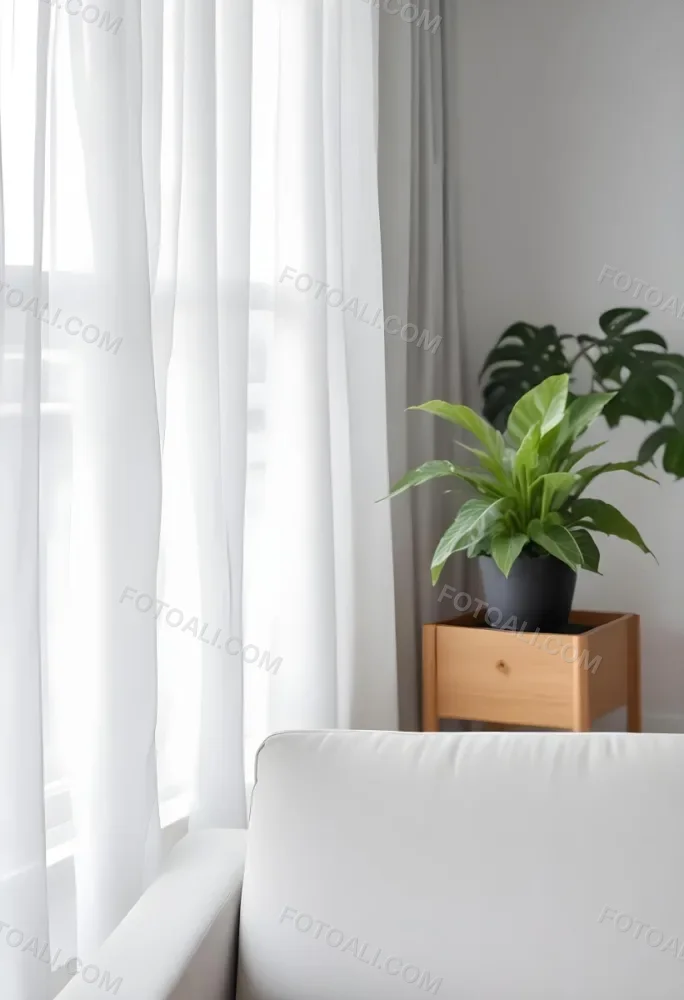 A Green Plant In A White Pot On A Wooden Table A White Curtain In The Foreground A Gray Sofa In The Background In A Living Room 7 6d6e